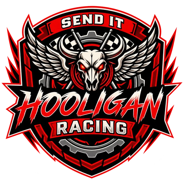 Hooligan Racing crest: winged bull skull, checkered flags, Send It